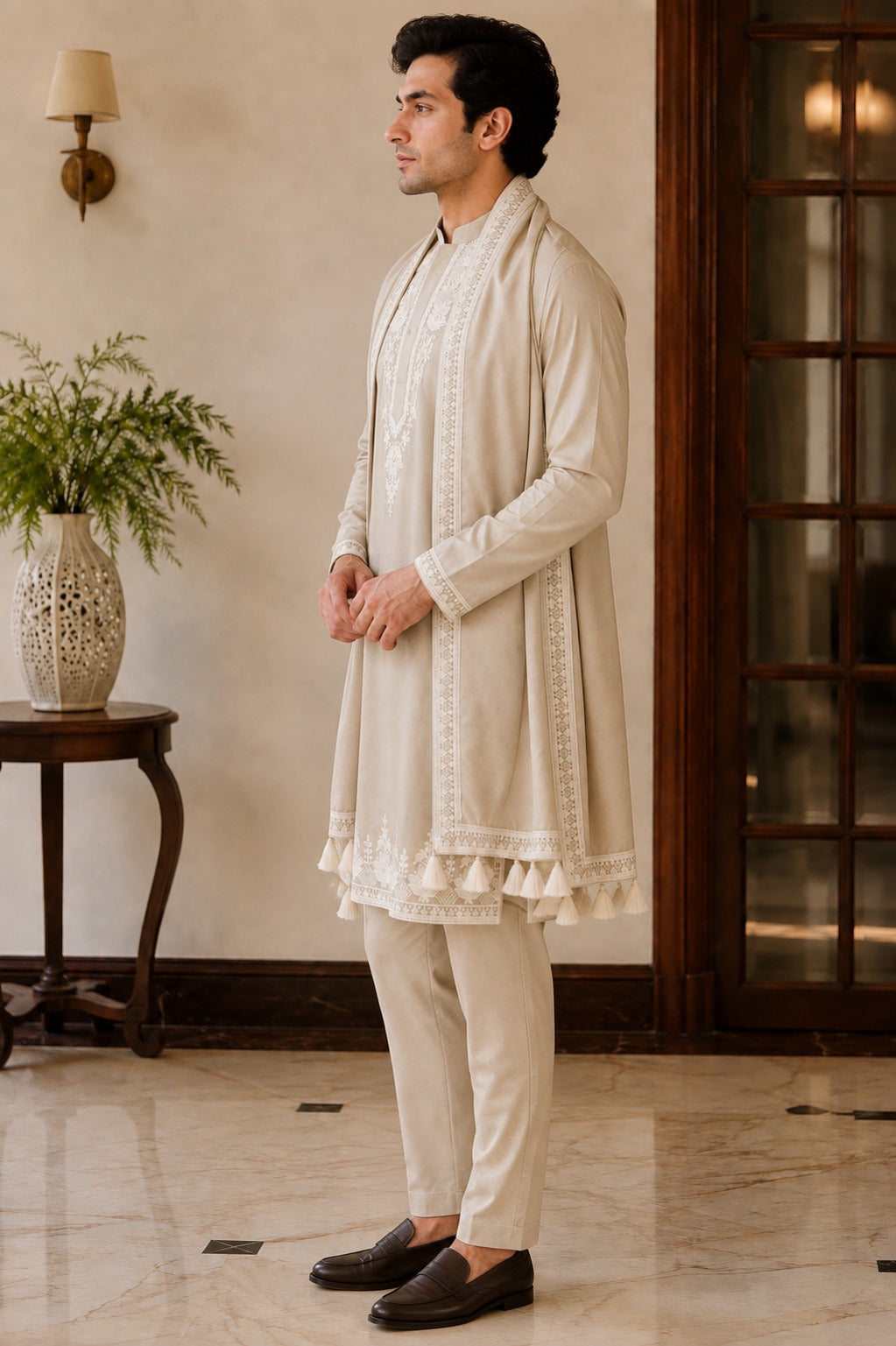 Cream Embroidered Kurta Set with Dupatta