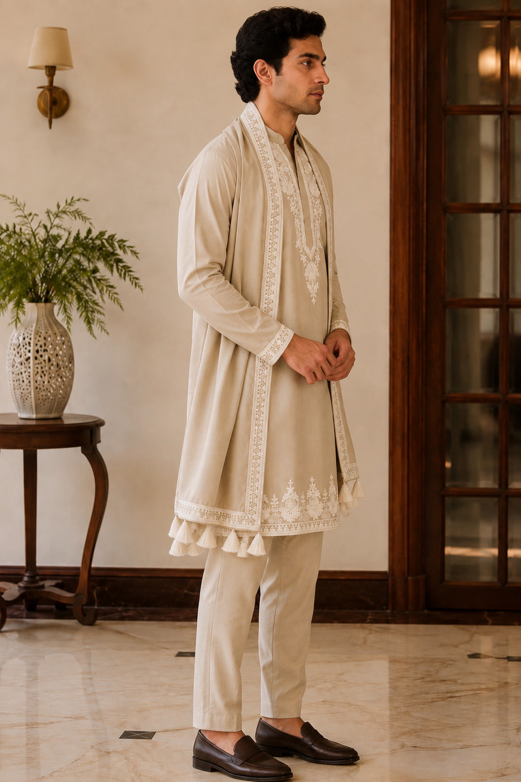 Cream Embroidered Kurta Set with Dupatta