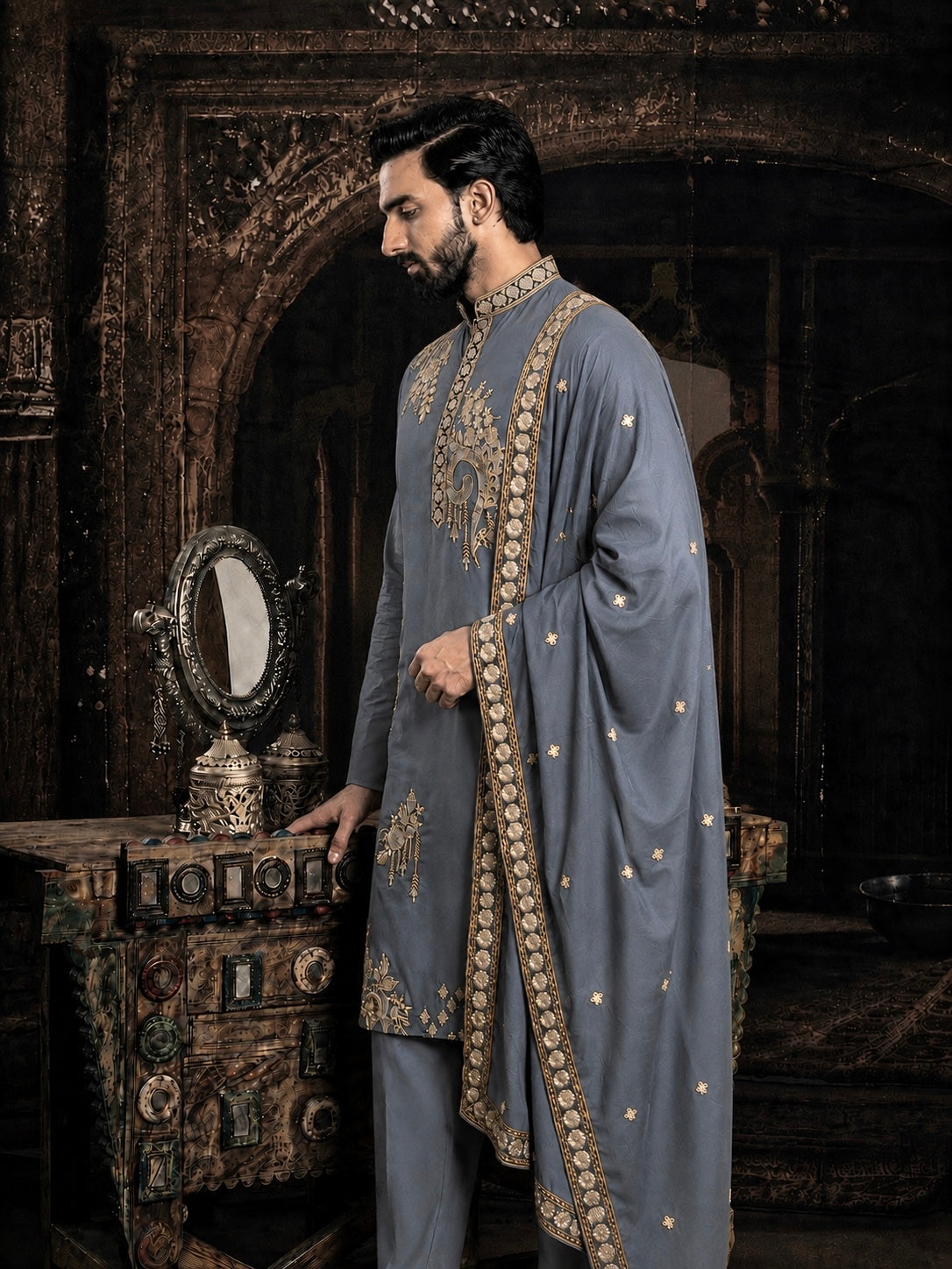 Gray Imperial Embroidered Kurta Set with Dupatta
