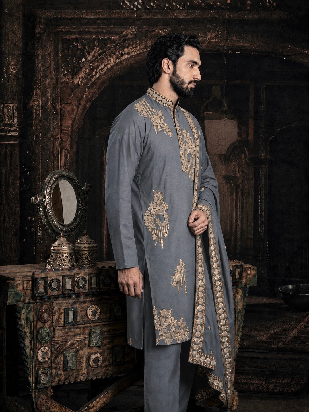Gray Imperial Embroidered Kurta Set with Dupatta