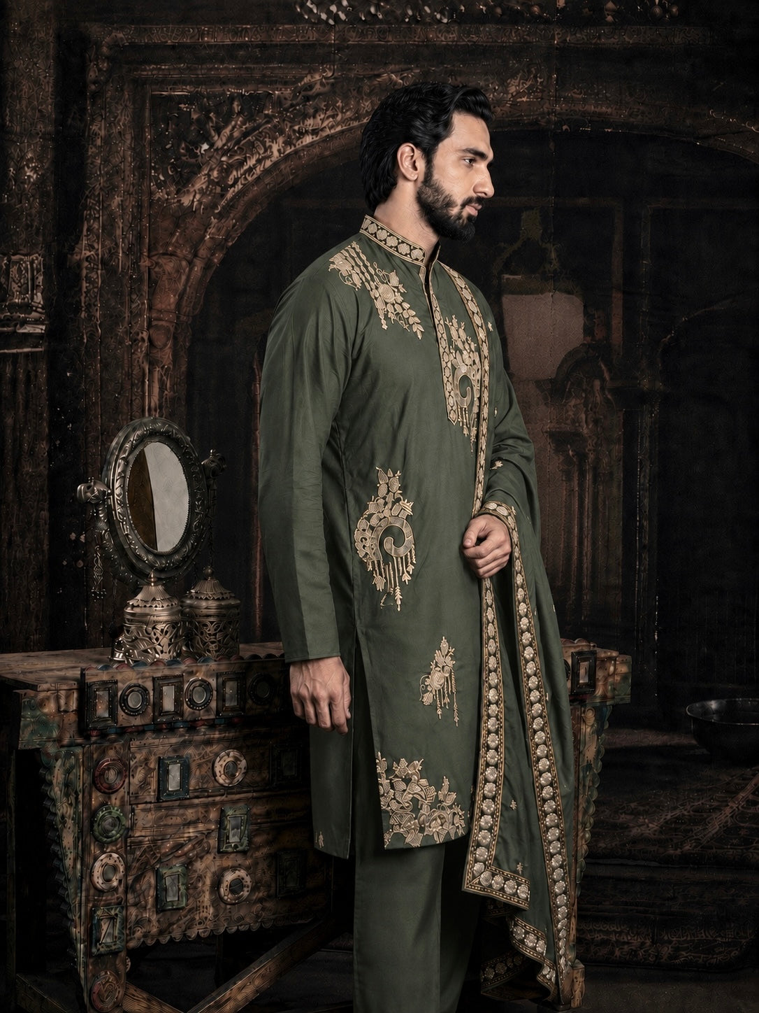 Green Imperial Embroidered Kurta Set with Dupatta