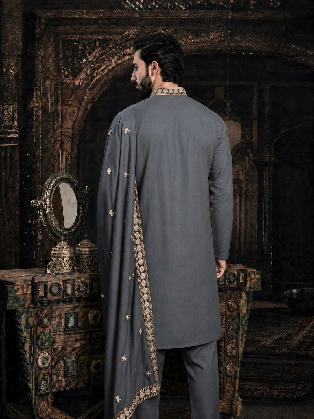 Gray Imperial Embroidered Kurta Set with Dupatta