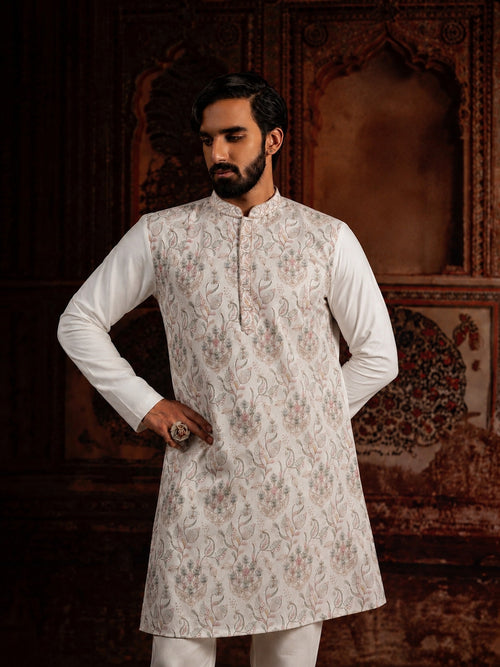 Paisley Embroidered Work Off-White Long Kurta