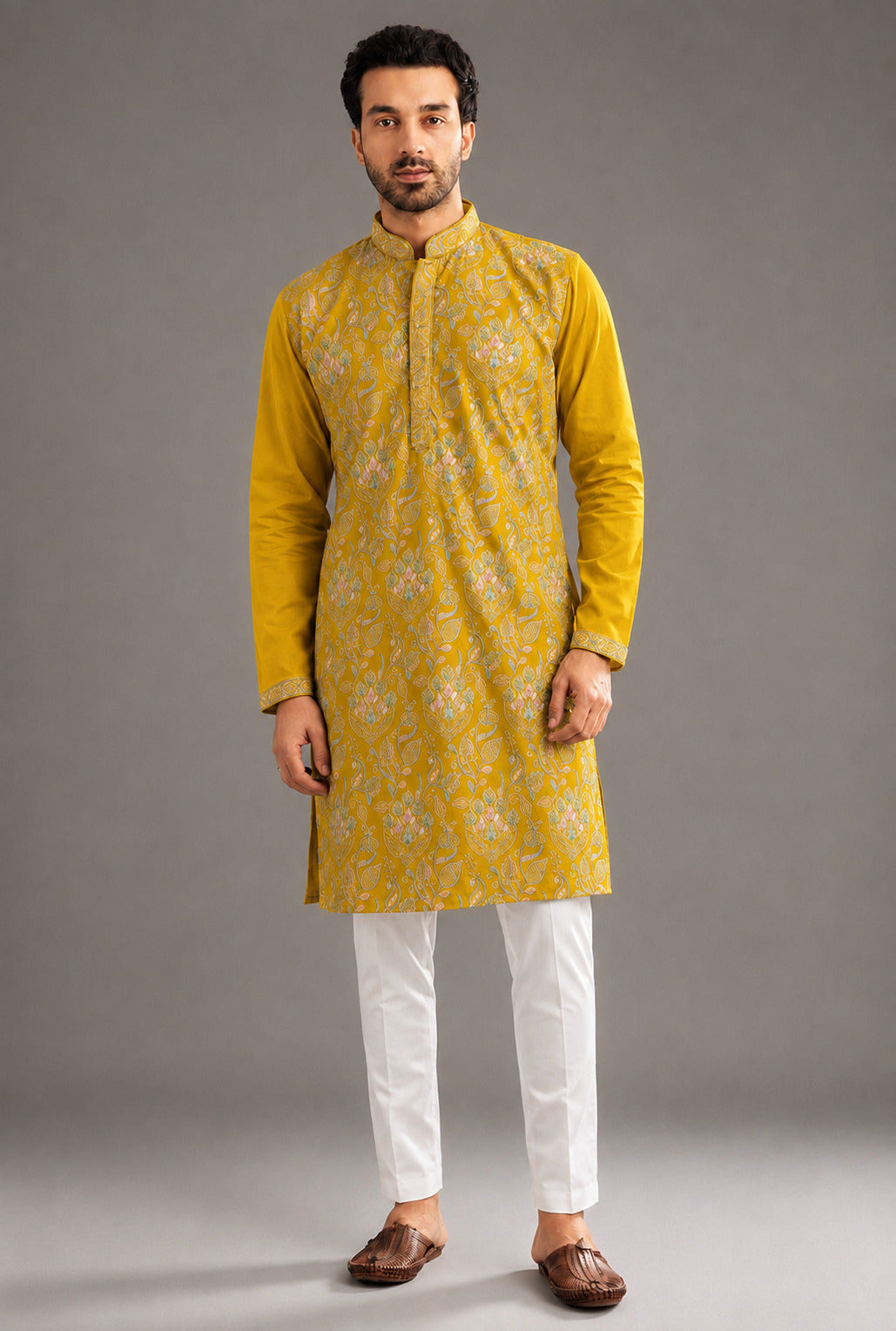 Paisley Embroidered Work Mustard Long Kurta