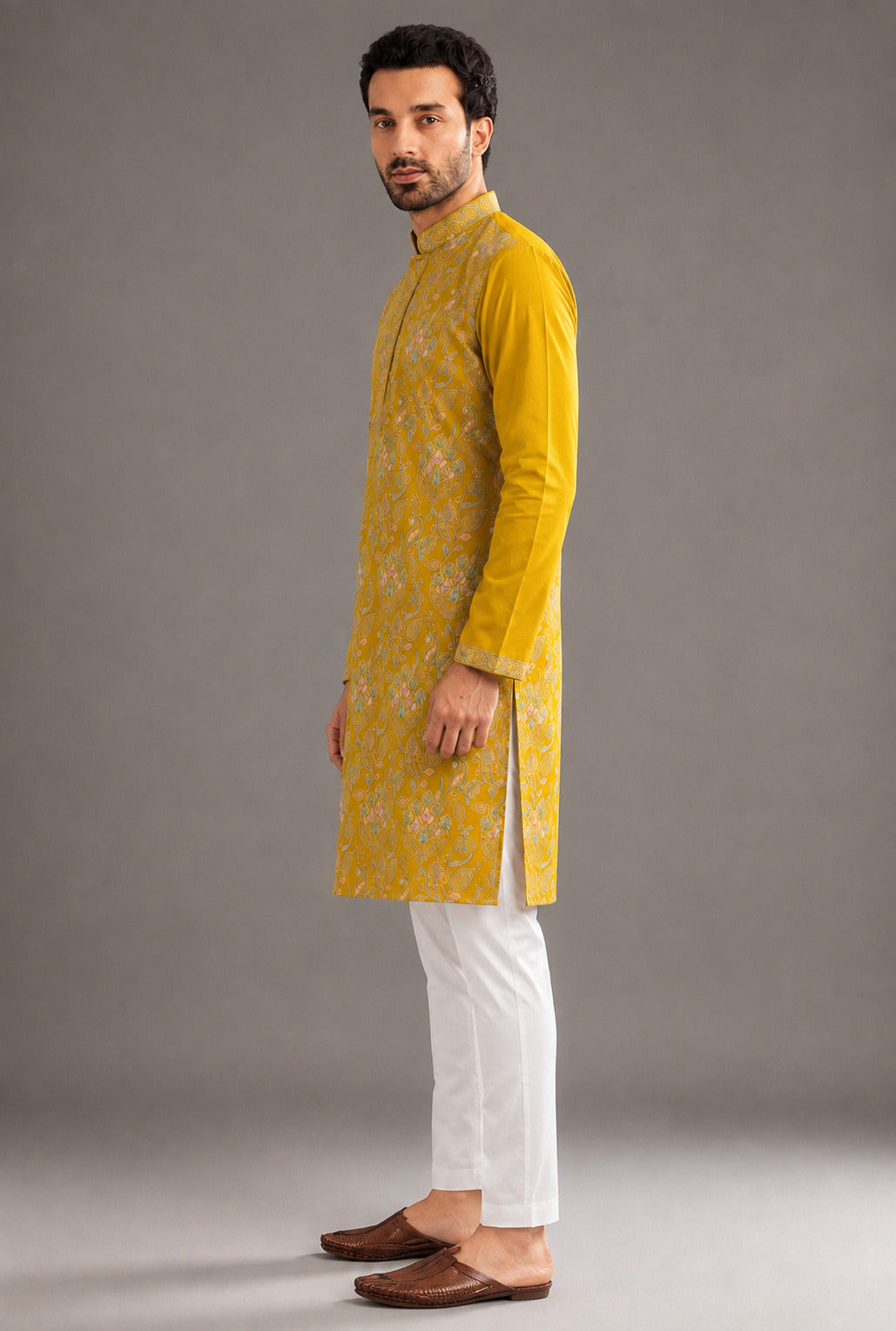 Paisley Embroidered Work Mustard Long Kurta