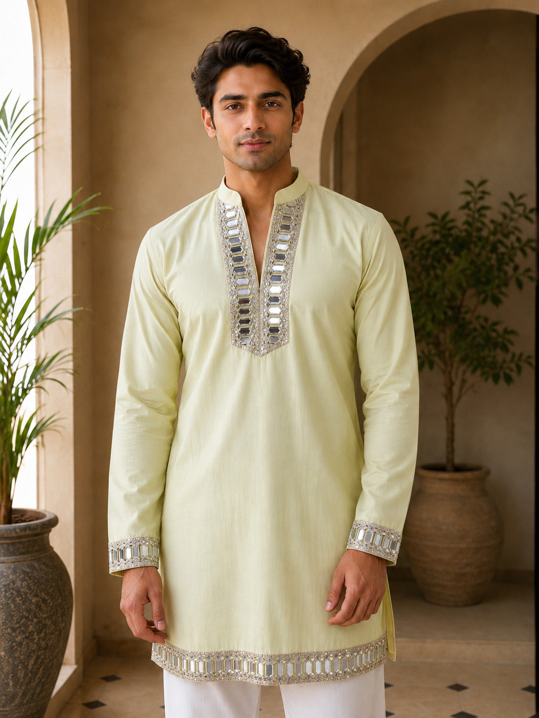 Aaina Luxe V-Neck Lemon Short Kurta