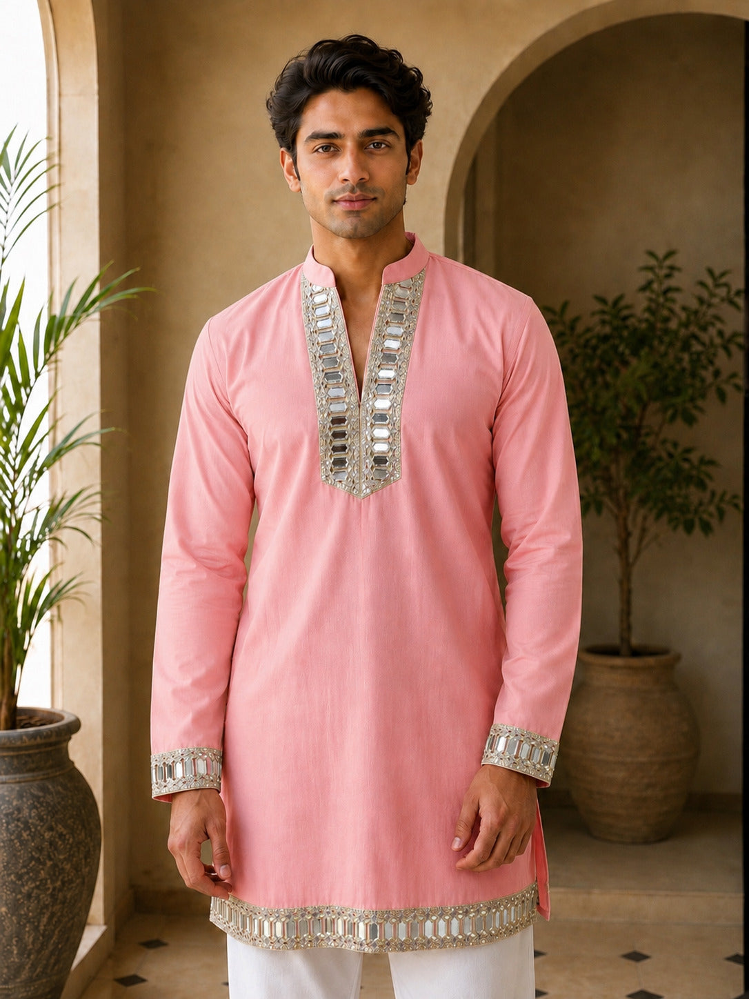 Aaina Luxe V-Neck Peach Short Kurta