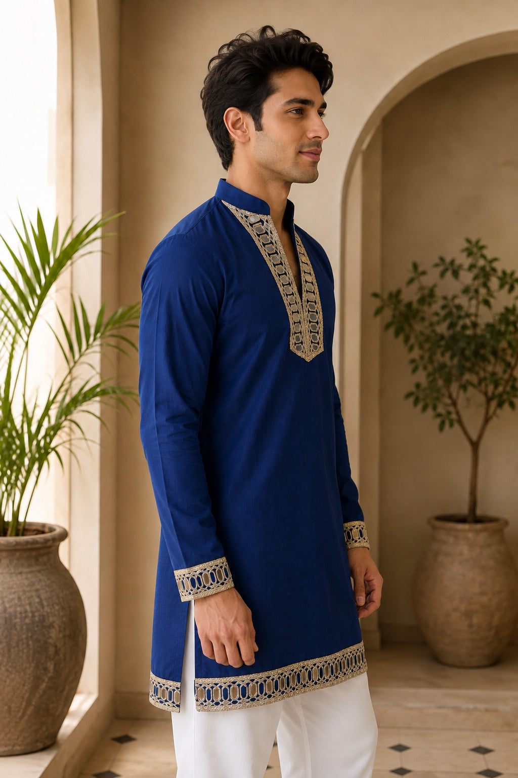 Aaina Luxe V-Neck Navy Blue Short Kurta