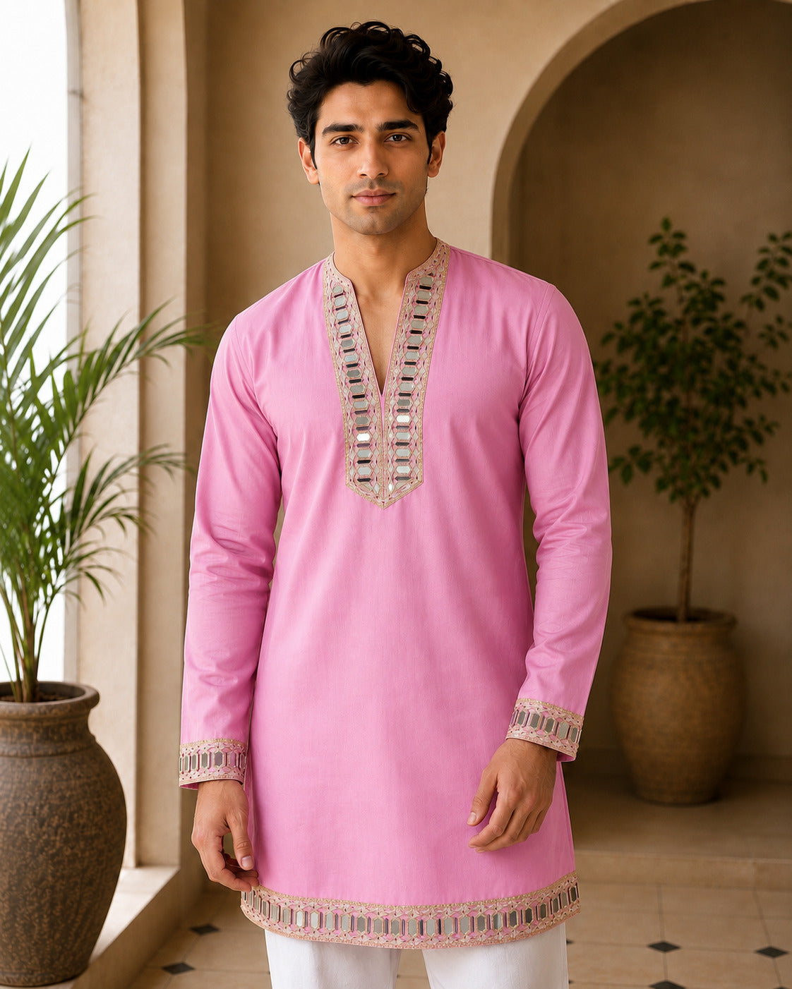 Aaina Luxe V-Neck Pink Short Kurta
