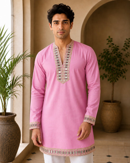 Aaina Luxe V-Neck Pink Short Kurta