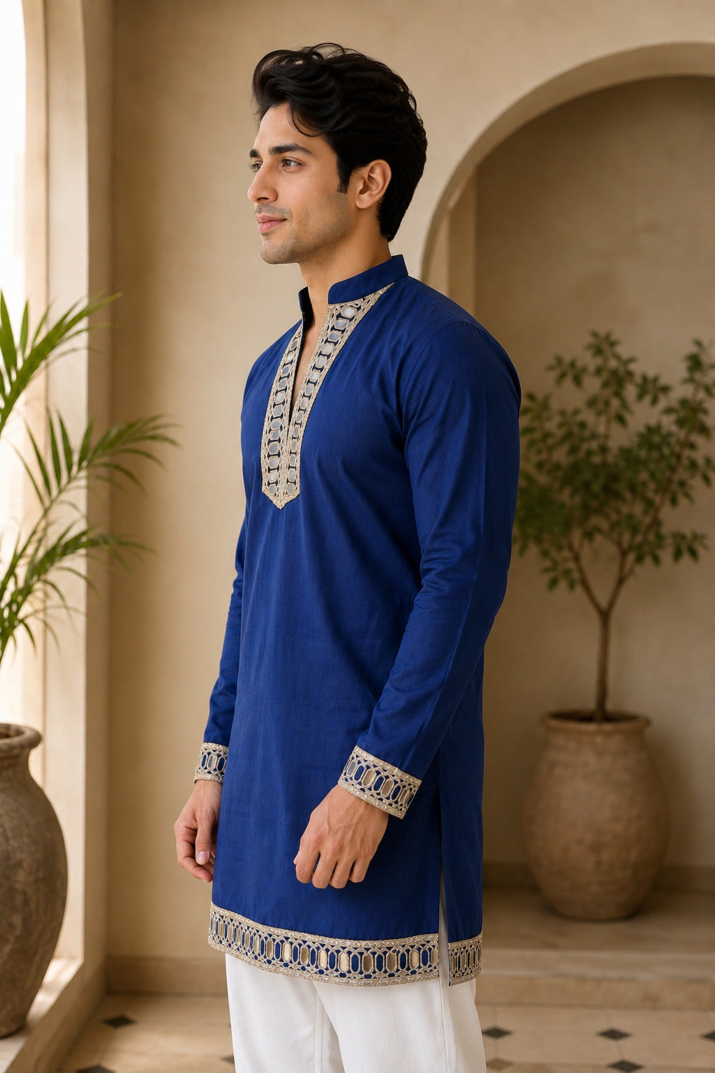 Aaina Luxe V-Neck Navy Blue Short Kurta