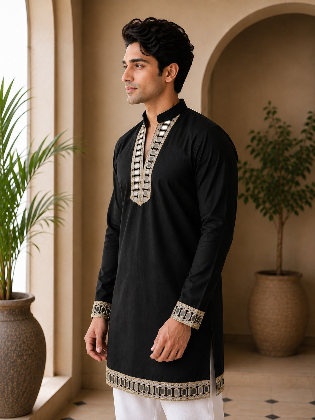 Aaina Luxe V-Neck Black Short Kurta