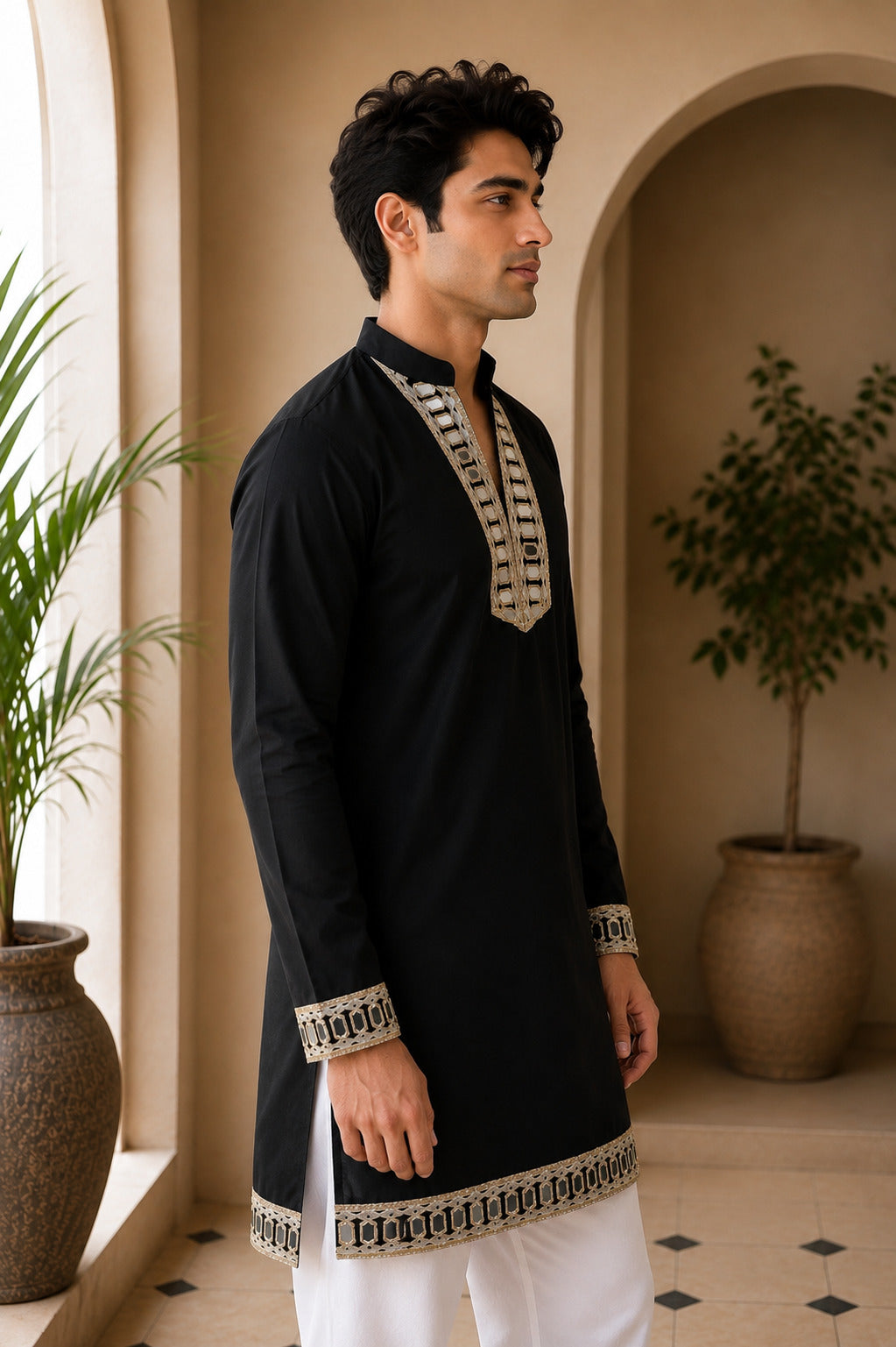 Aaina Luxe V-Neck Black Short Kurta