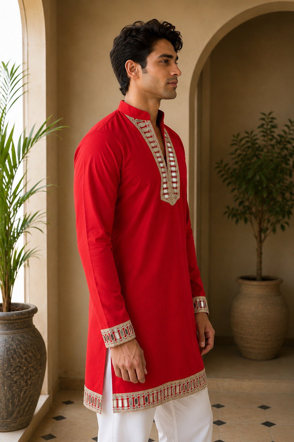 Aaina Luxe V-Neck Red Short Kurta