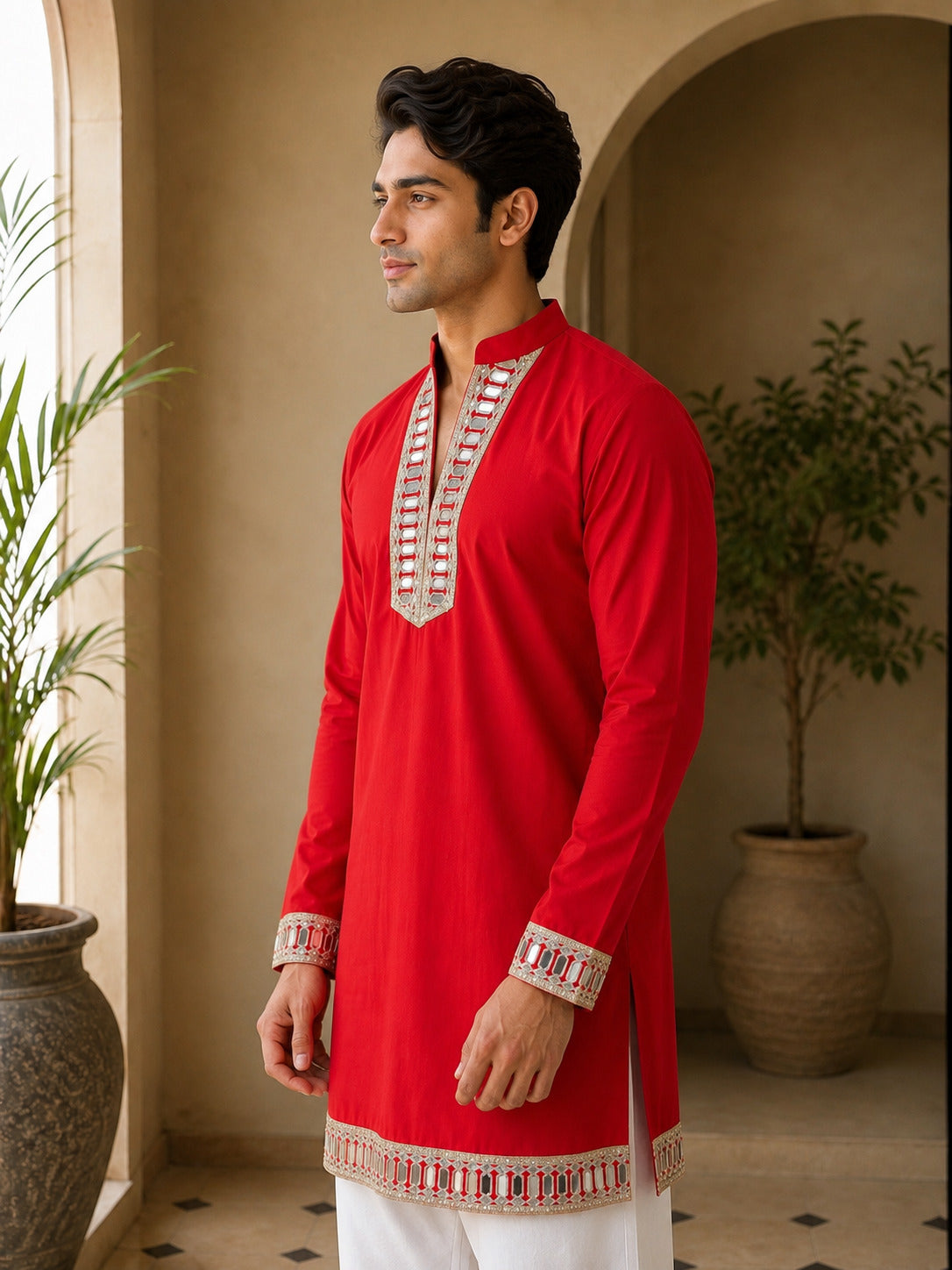Aaina Luxe V-Neck Red Short Kurta