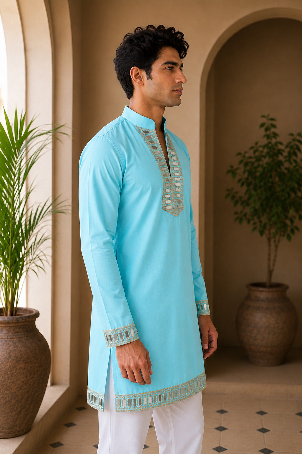 Aaina Luxe V-Neck Sky Short Kurta