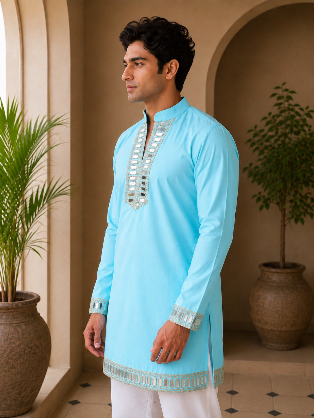Aaina Luxe V-Neck Sky Short Kurta