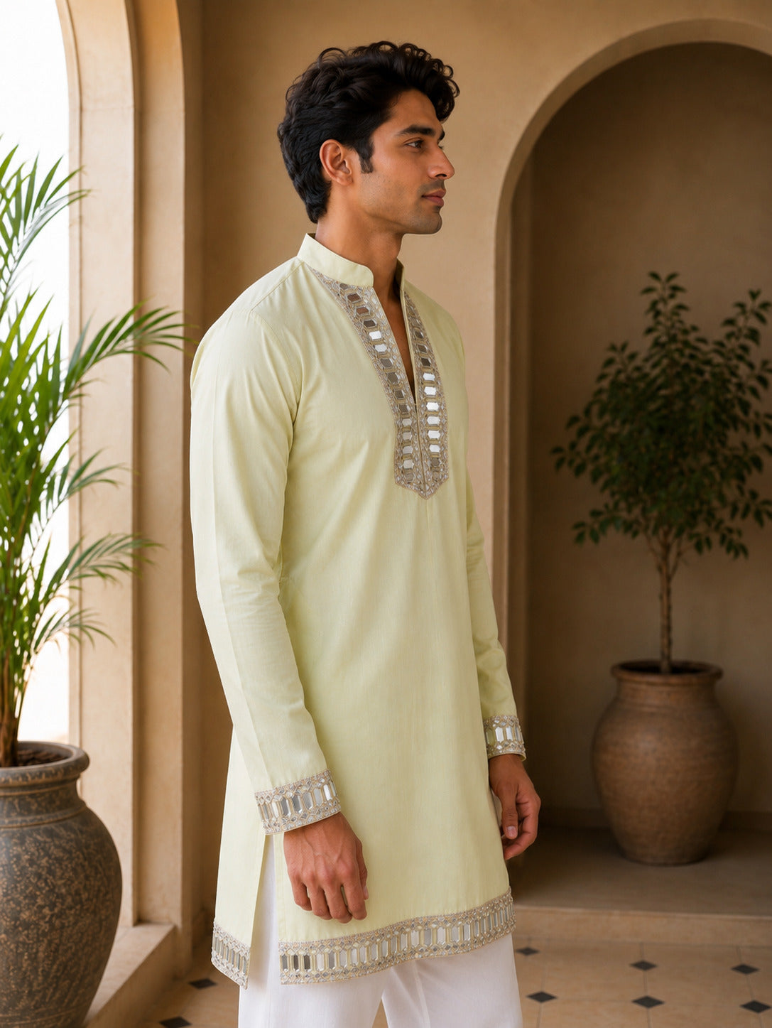 Aaina Luxe V-Neck Lemon Short Kurta