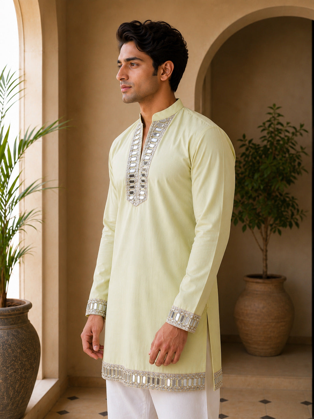 Aaina Luxe V-Neck Lemon Short Kurta