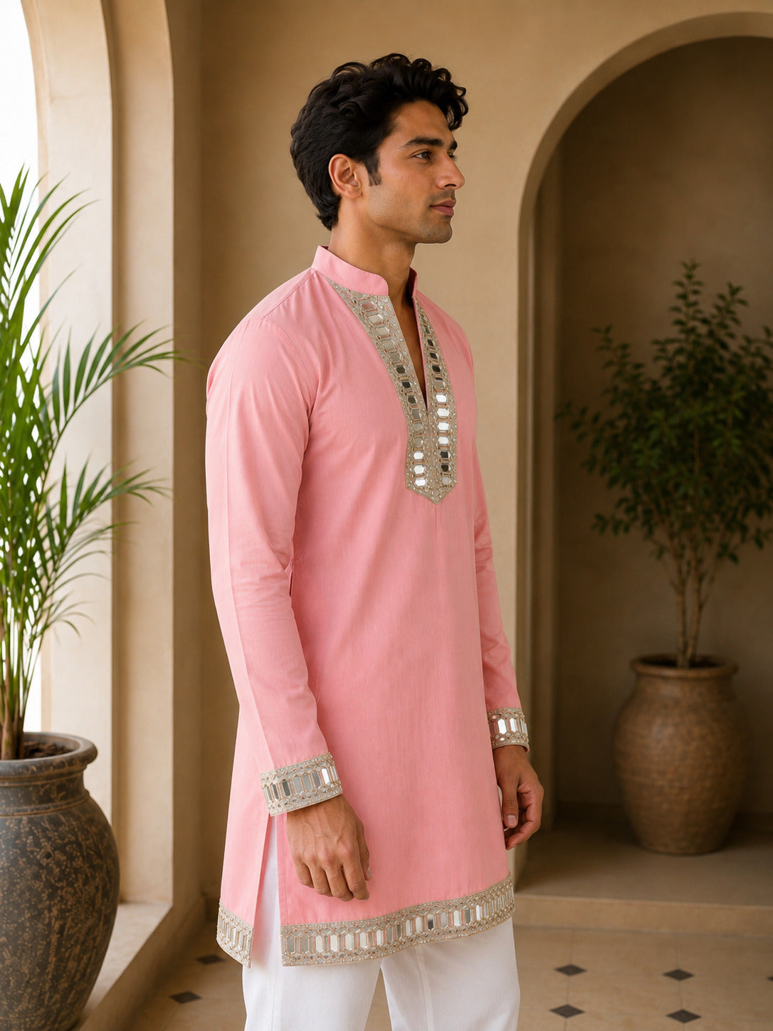 Aaina Luxe V-Neck Peach Short Kurta