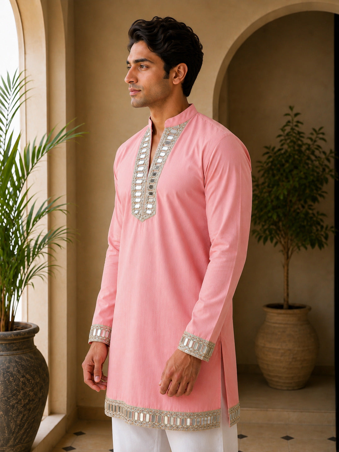 Aaina Luxe V-Neck Peach Short Kurta