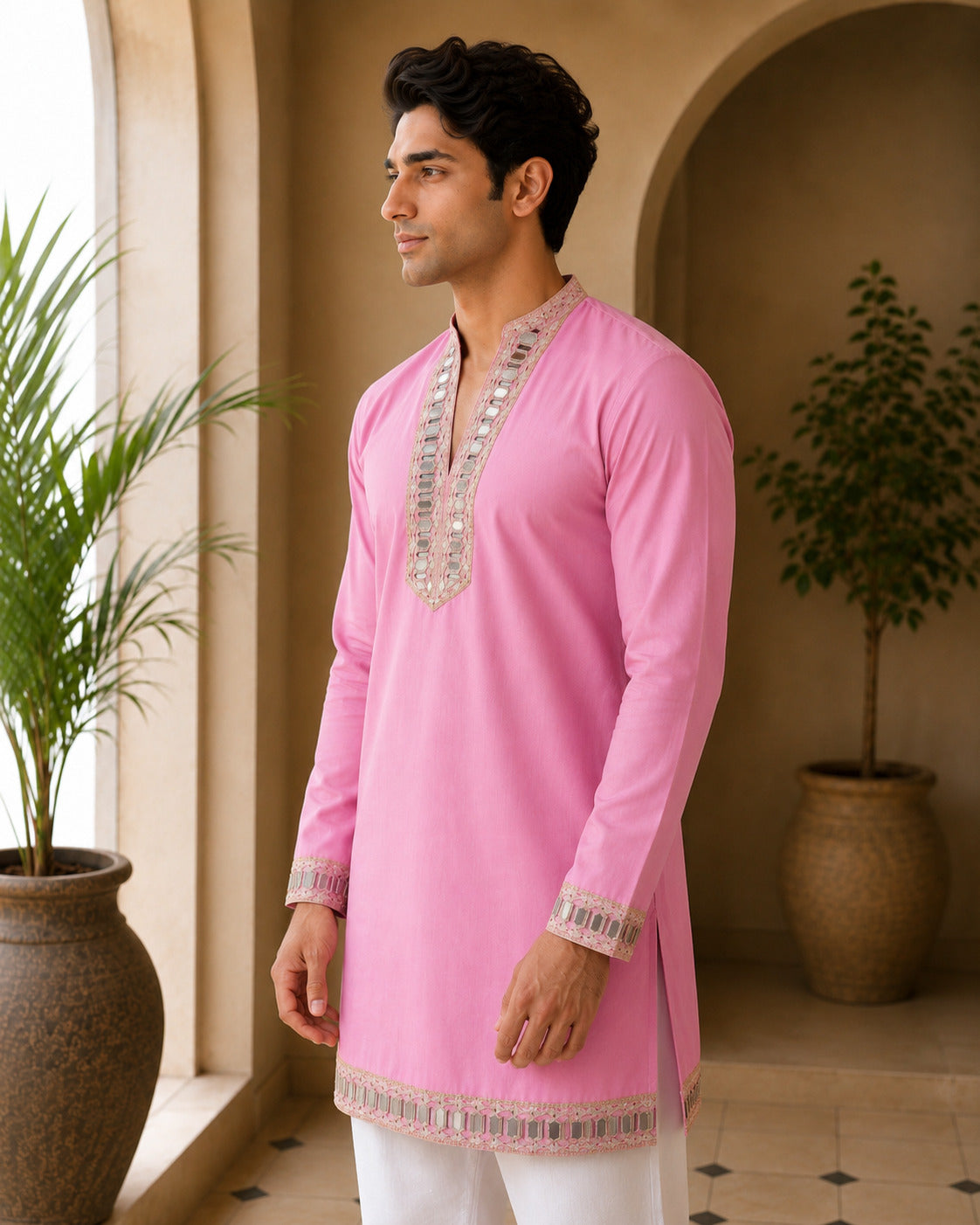 Aaina Luxe V-Neck Pink Short Kurta