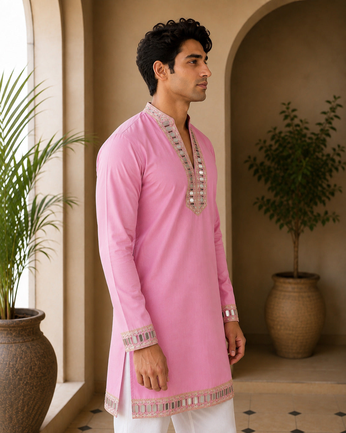Aaina Luxe V-Neck Pink Short Kurta