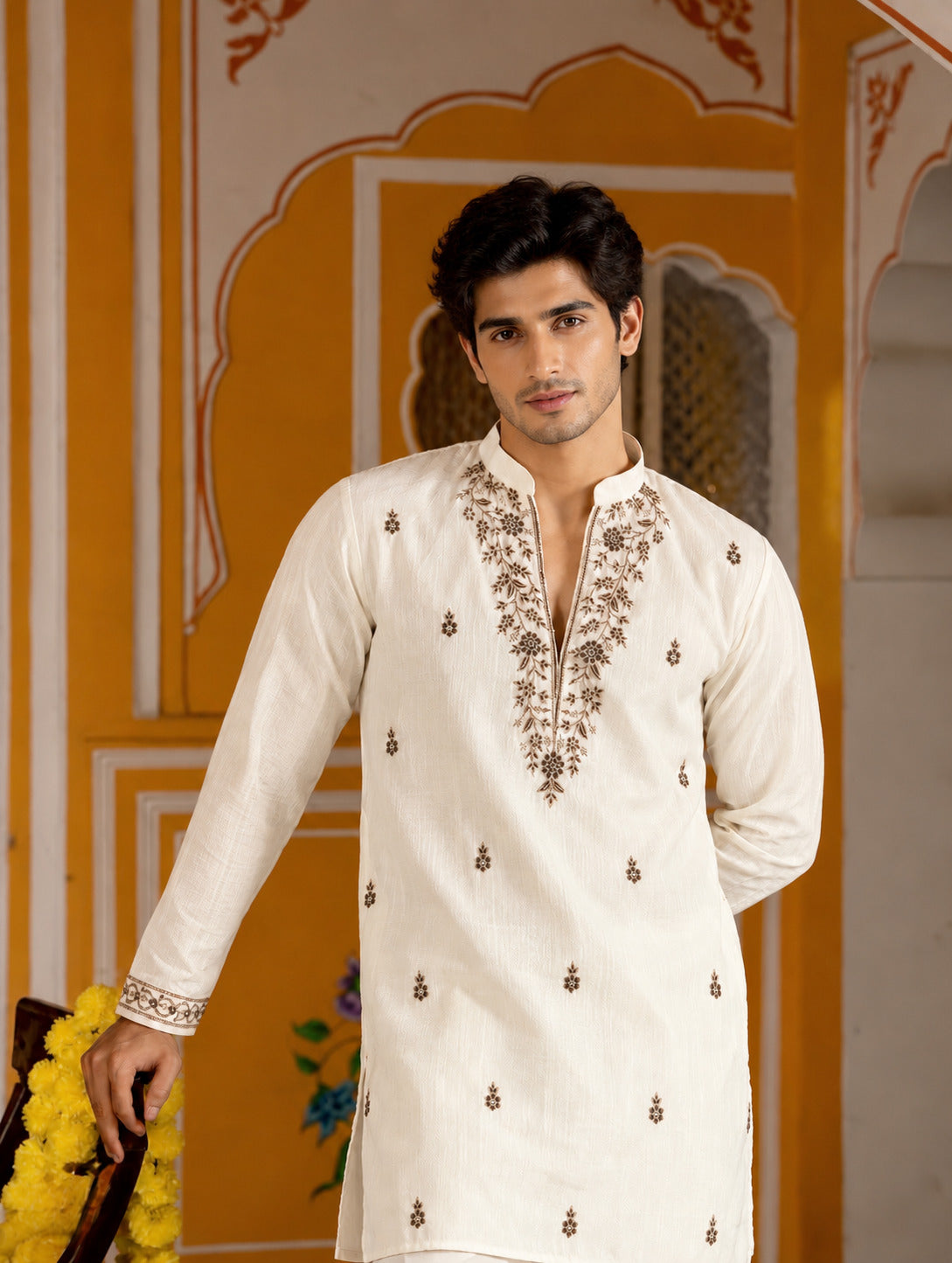 Motif Embroidered White V-Neck Short Kurta