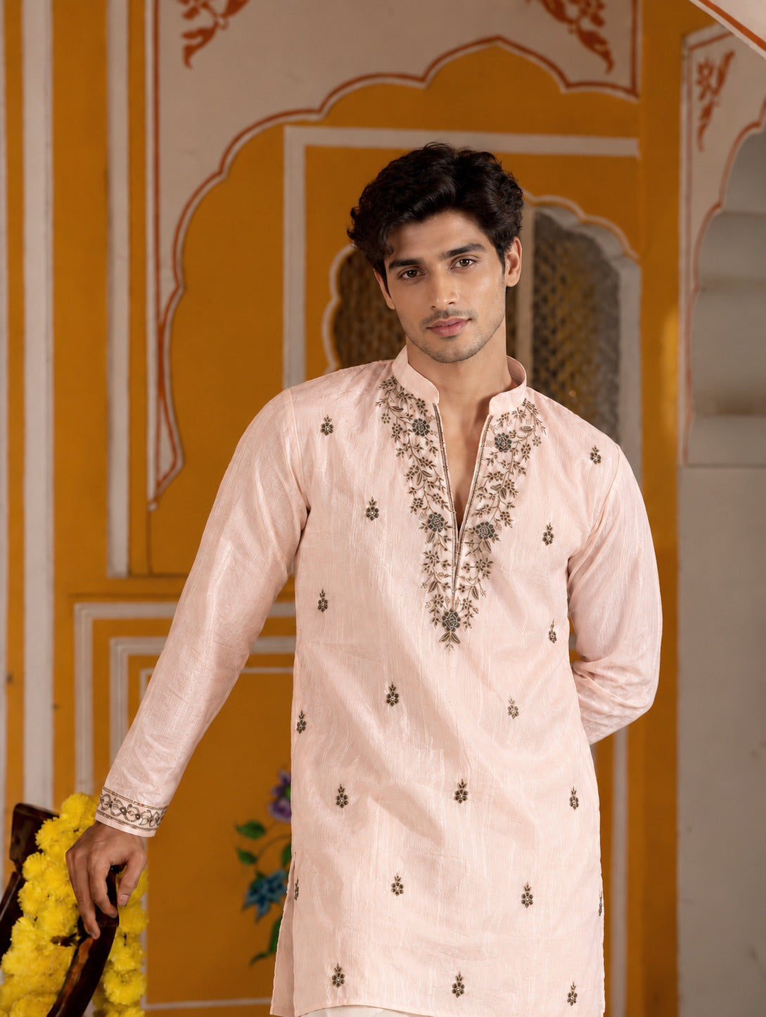 Motif Embroidered Peach V-Neck Short Kurta