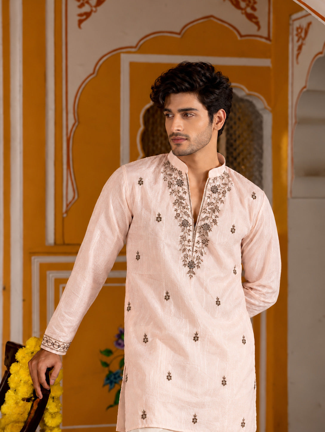 Motif Embroidered Peach V-Neck Short Kurta