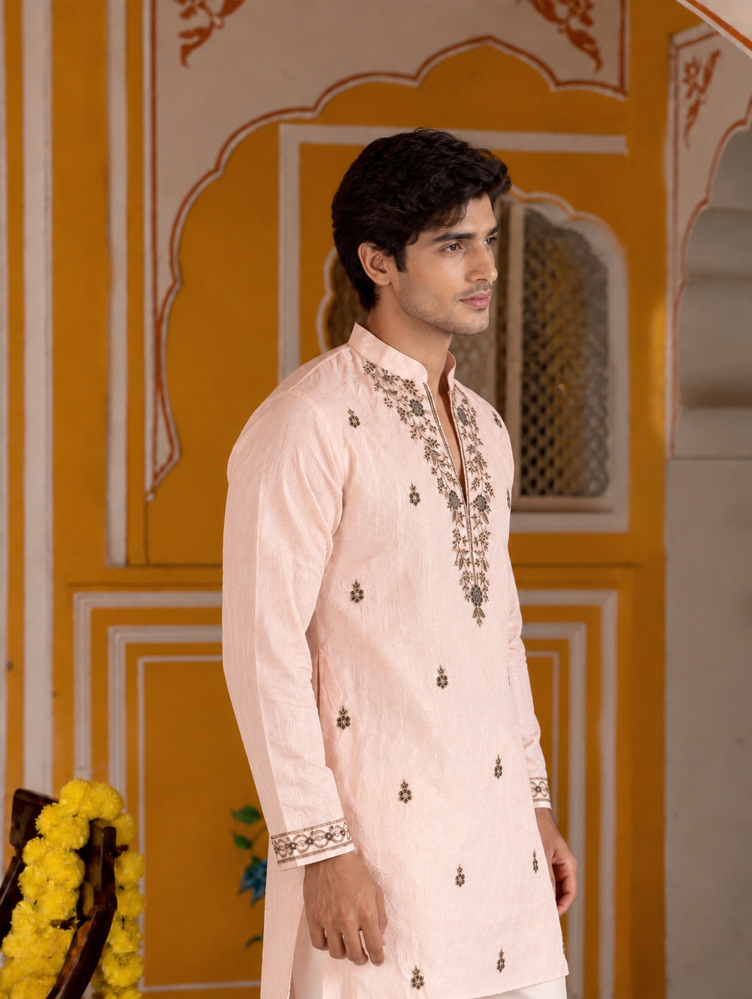 Motif Embroidered Peach V-Neck Short Kurta