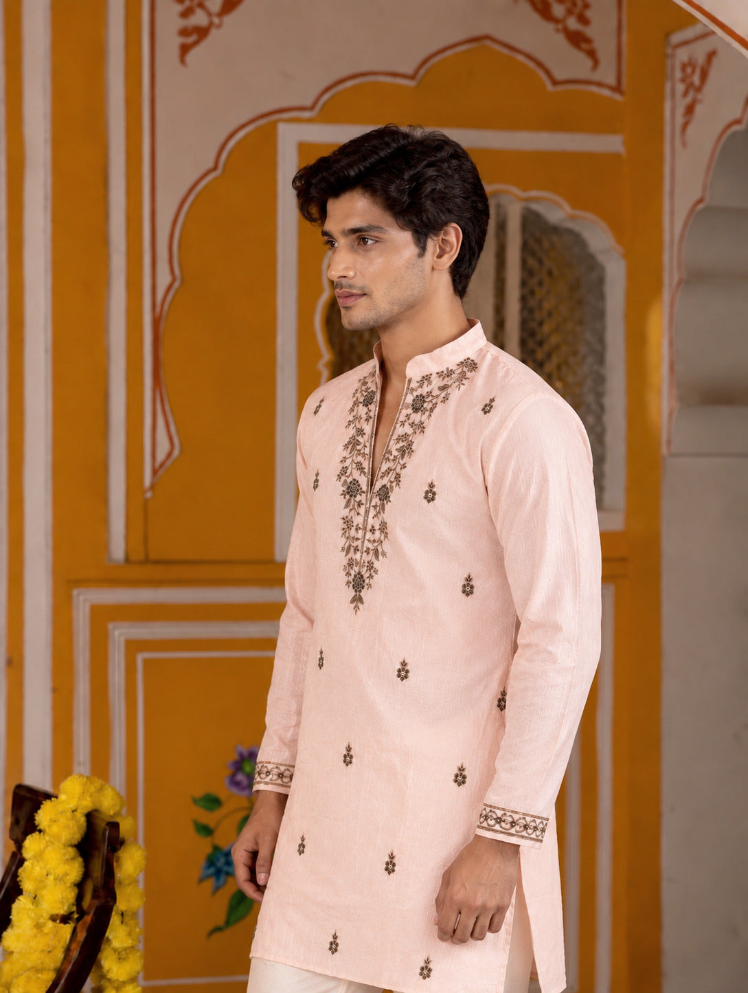 Motif Embroidered Peach V-Neck Short Kurta