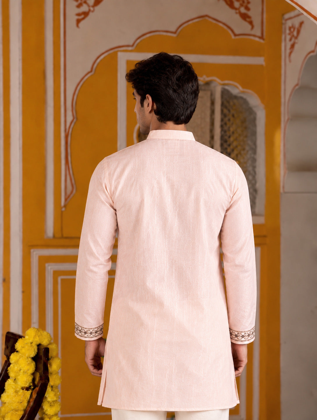 Motif Embroidered Peach V-Neck Short Kurta