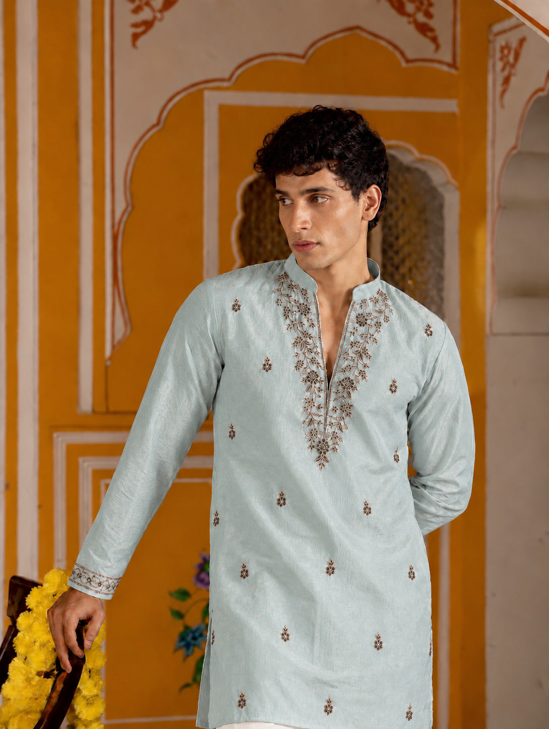 Motif Embroidered Green V-Neck Short Kurta