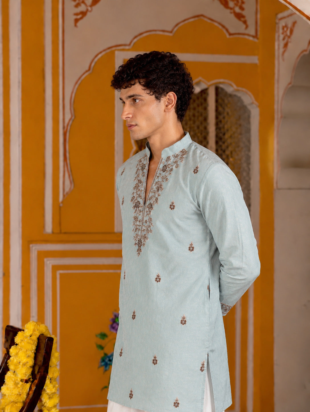 Motif Embroidered Green V-Neck Short Kurta