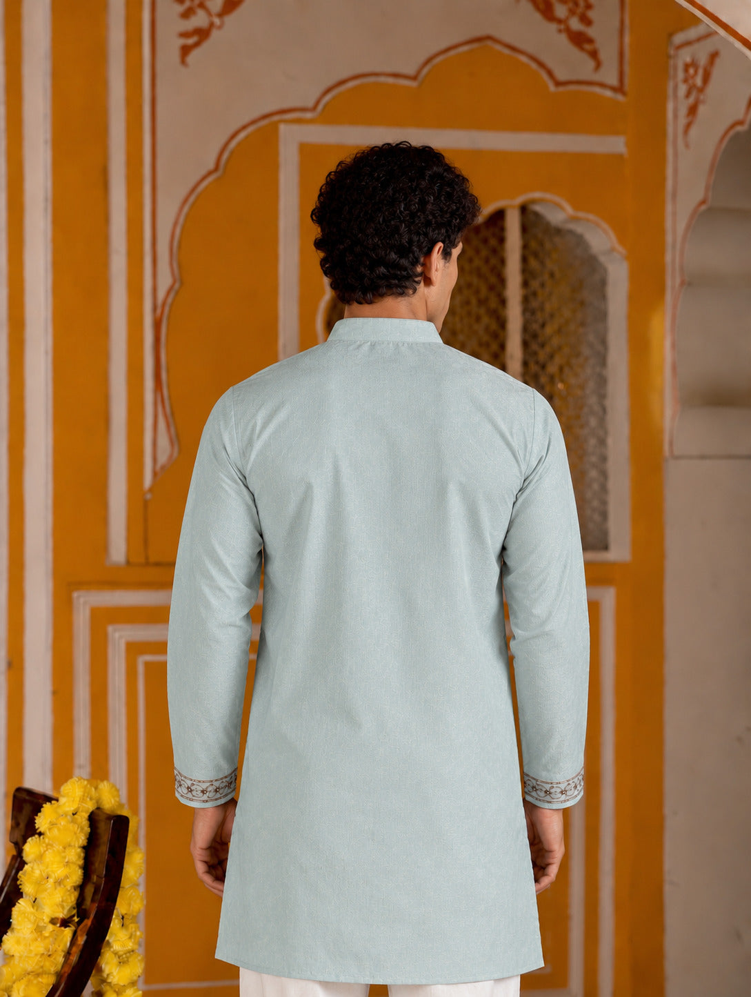 Motif Embroidered Green V-Neck Short Kurta