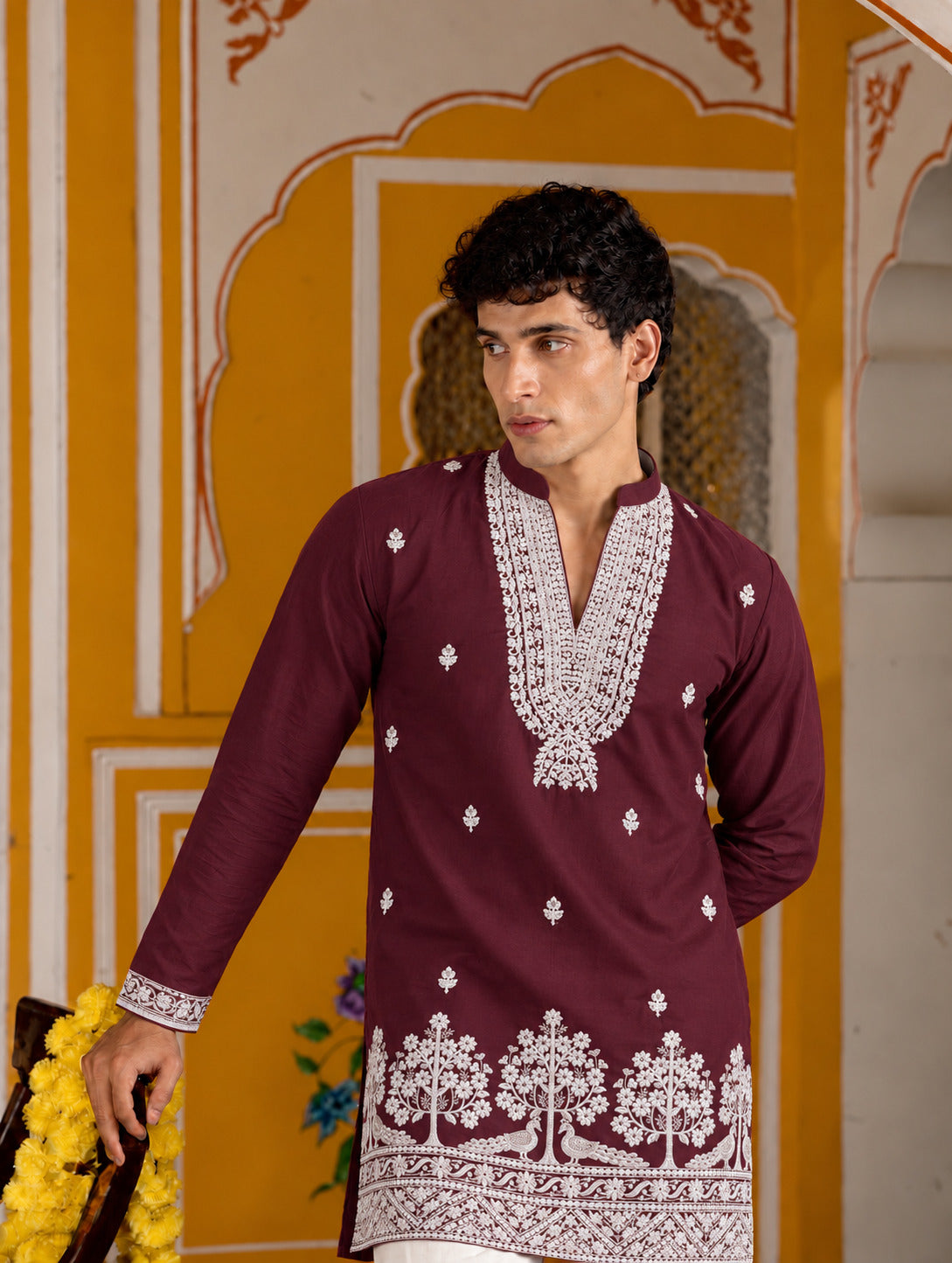 Bagh Embroidered V-Neck Wine Short Kurta