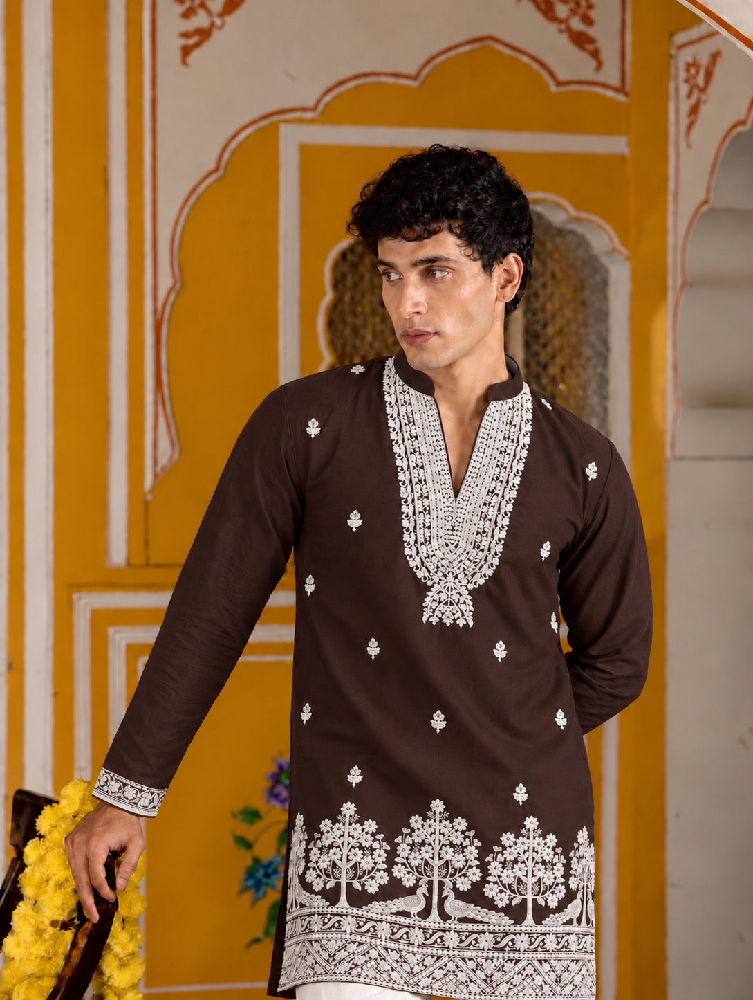 Bagh Embroidered V-Neck Brown Short Kurta