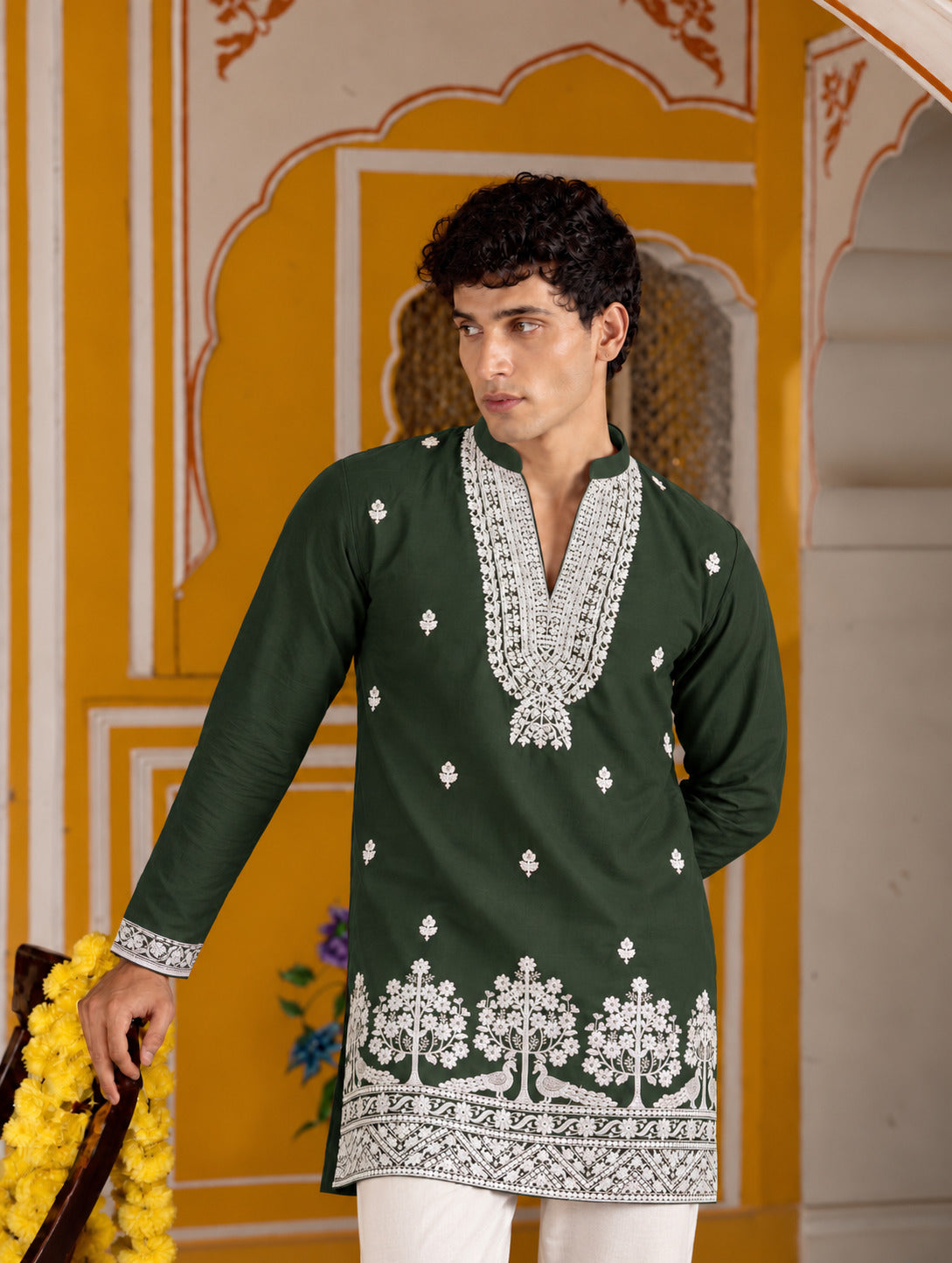 Bagh Embroidered V-Neck Green Short Kurta