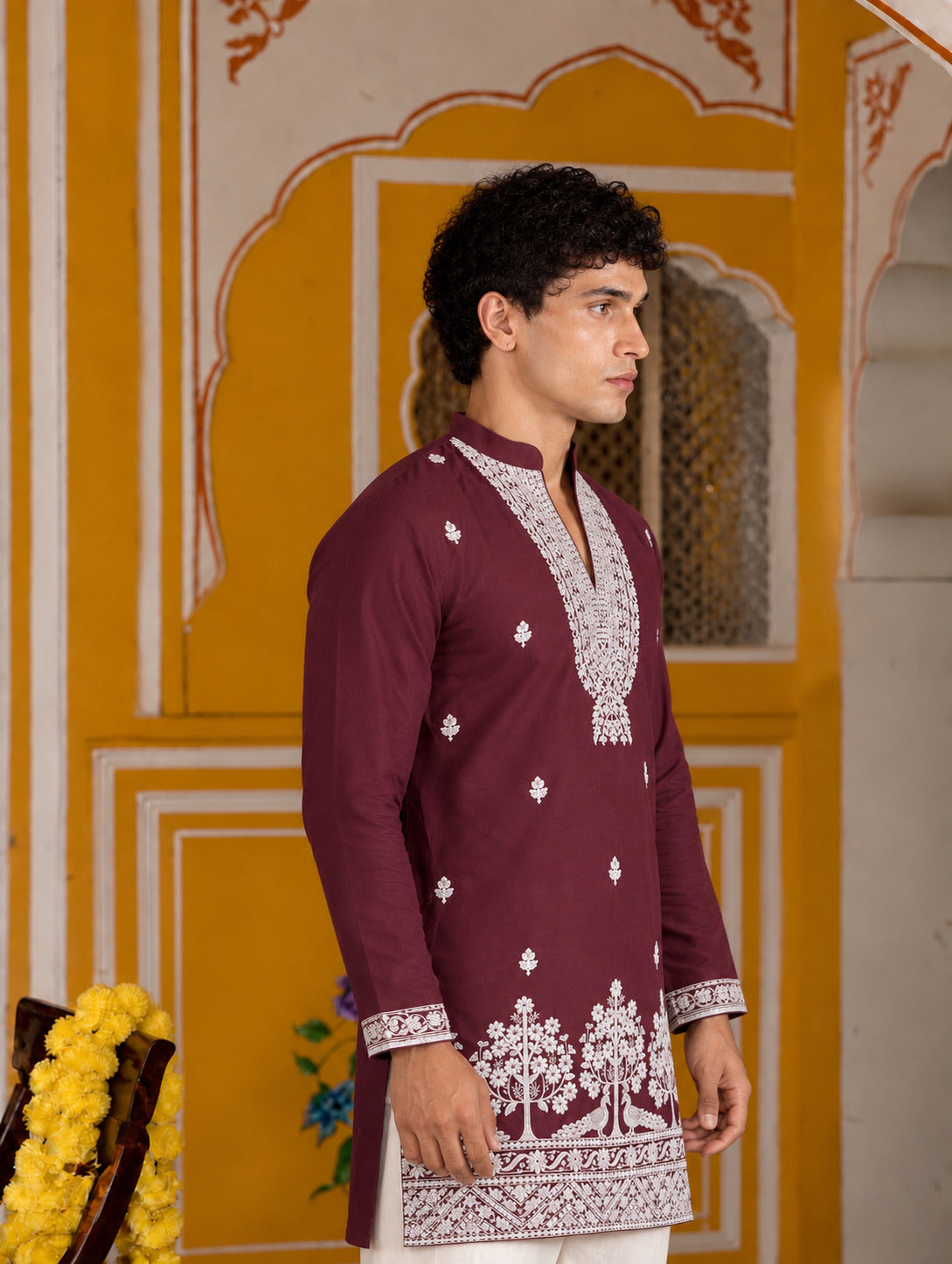 Bagh Embroidered V-Neck Wine Short Kurta