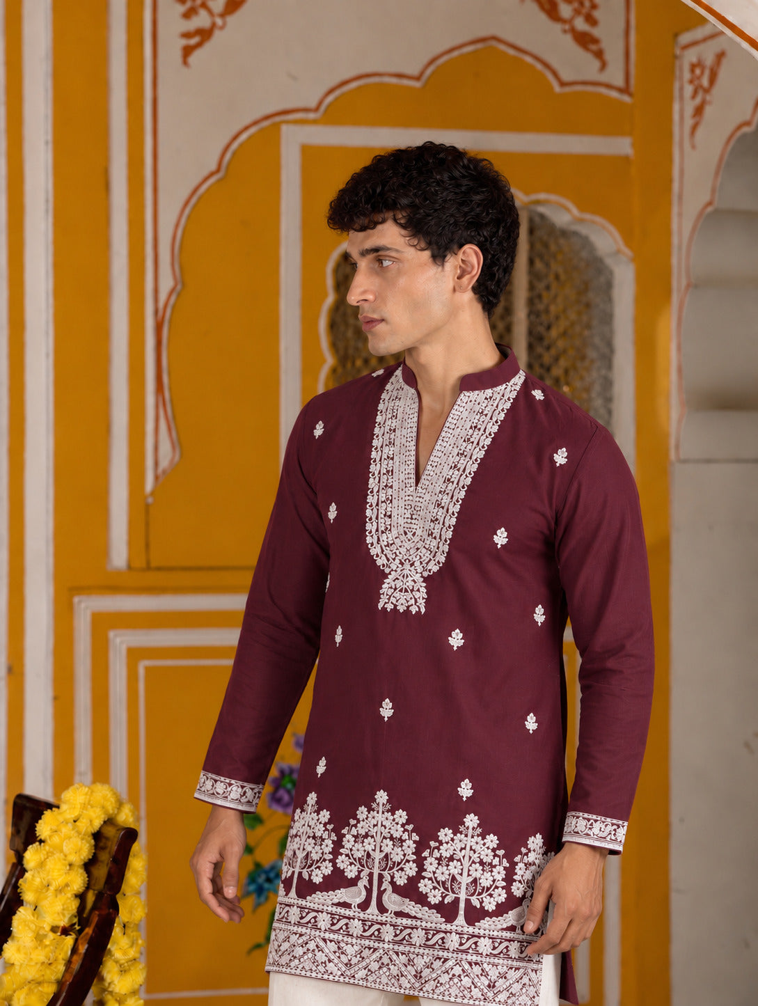 Bagh Embroidered V-Neck Wine Short Kurta