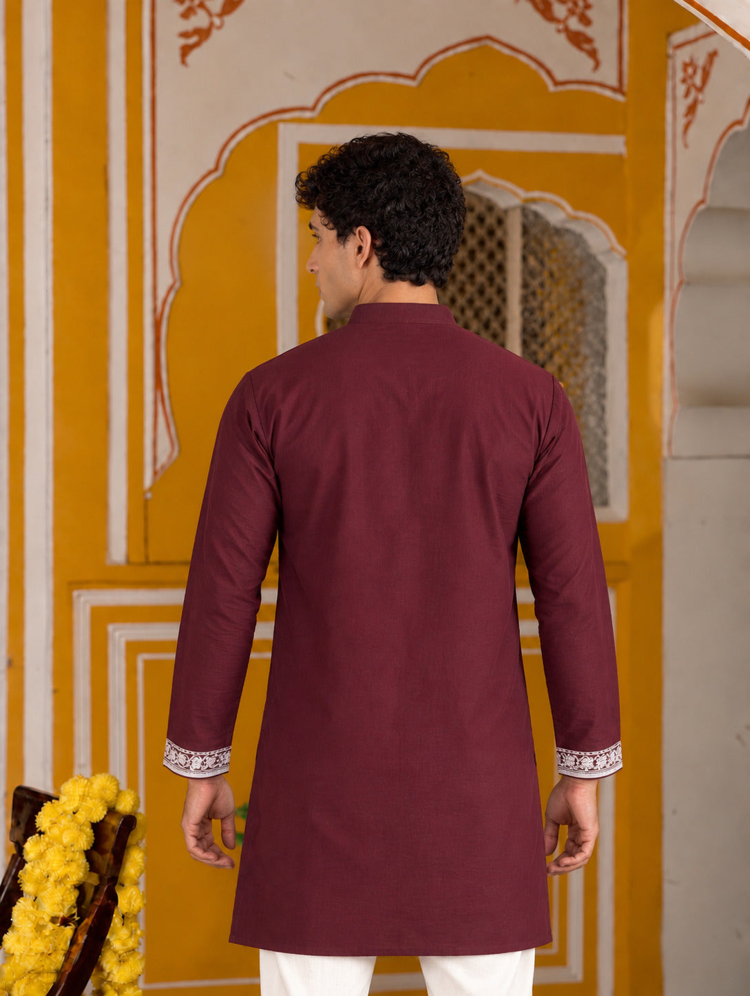 Bagh Embroidered V-Neck Wine Short Kurta