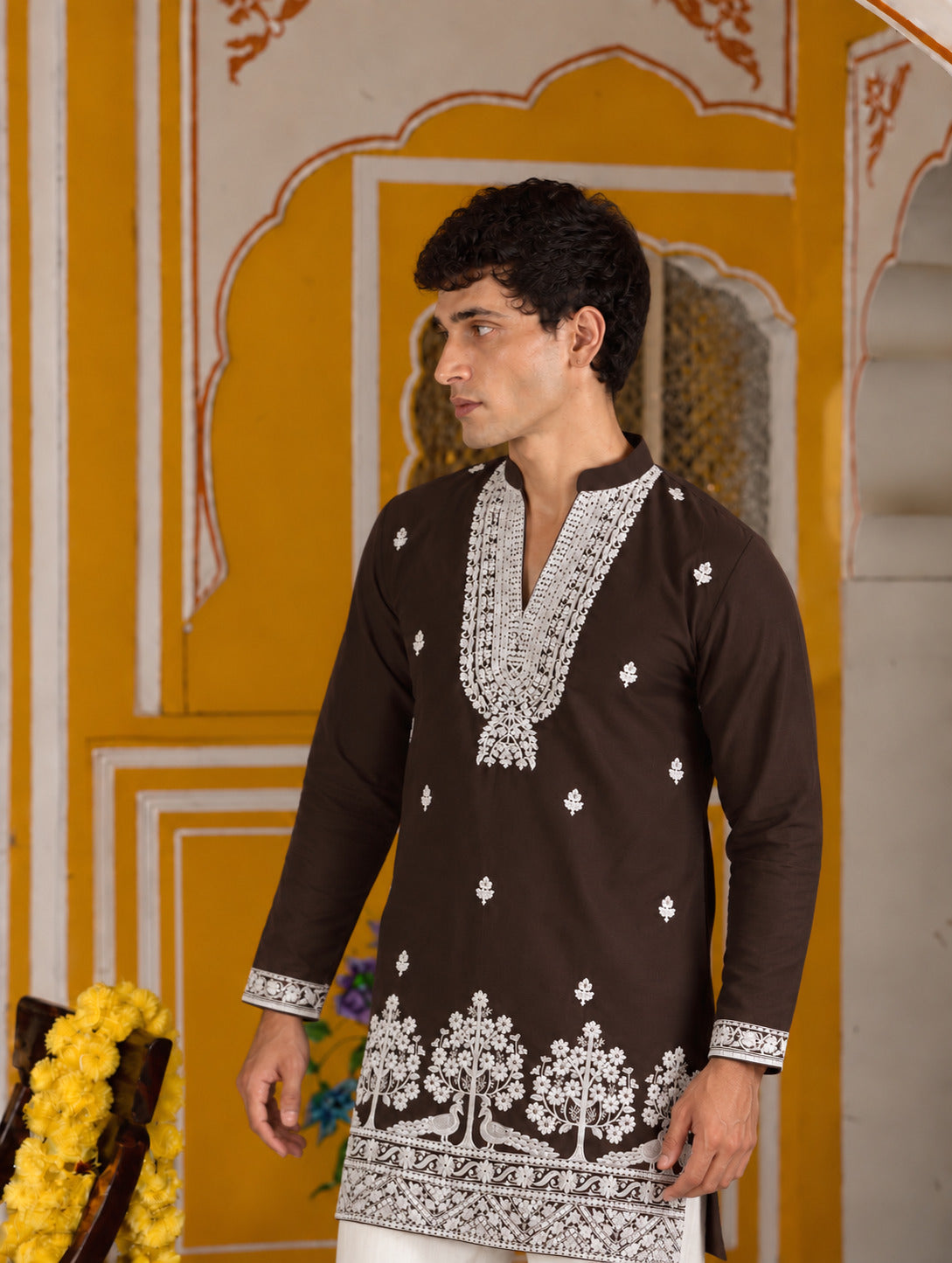 Bagh Embroidered V-Neck Brown Short Kurta