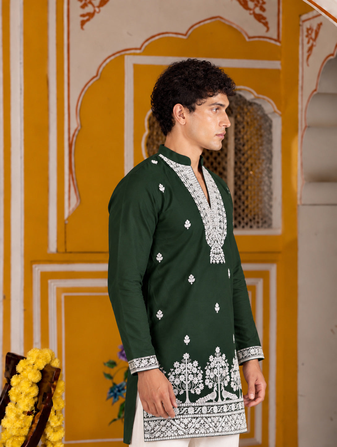 Bagh Embroidered V-Neck Green Short Kurta