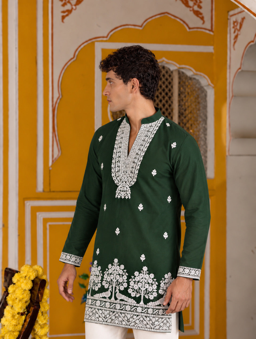Bagh Embroidered V-Neck Green Short Kurta