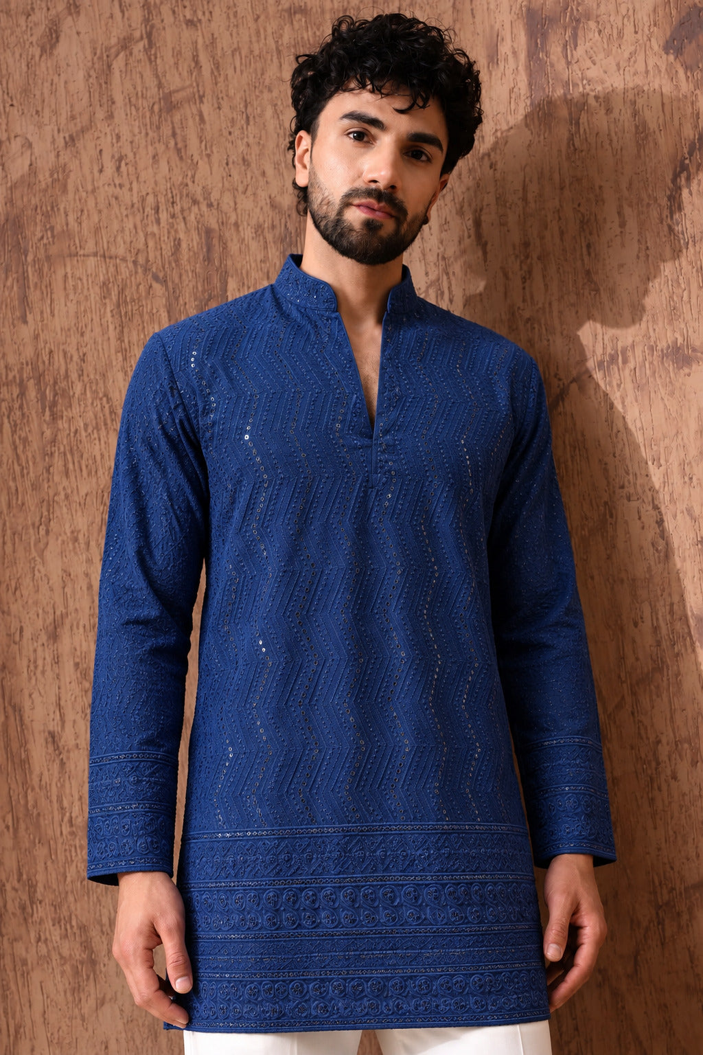 Royal Heritage Embroidered Navy Blue Short Kurta