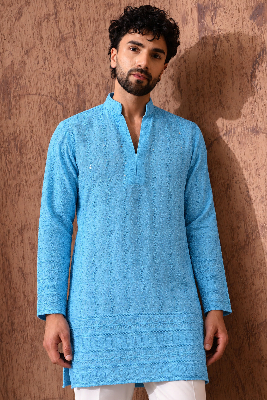 Royal Heritage Embroidered Sky Short Kurta