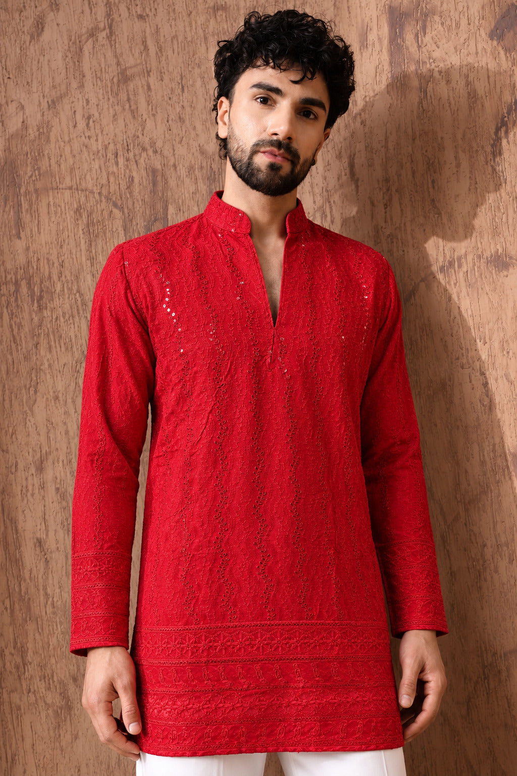 Royal Heritage Embroidered Red Short Kurta