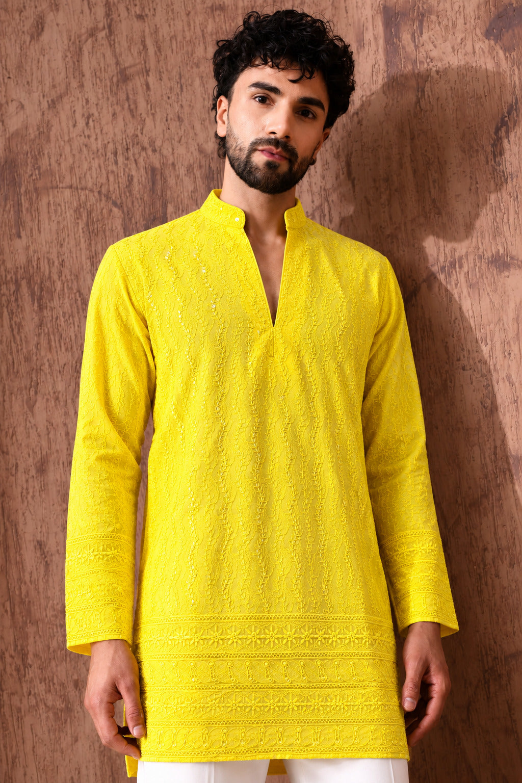 Royal Heritage Embroidered Yellow Short Kurta