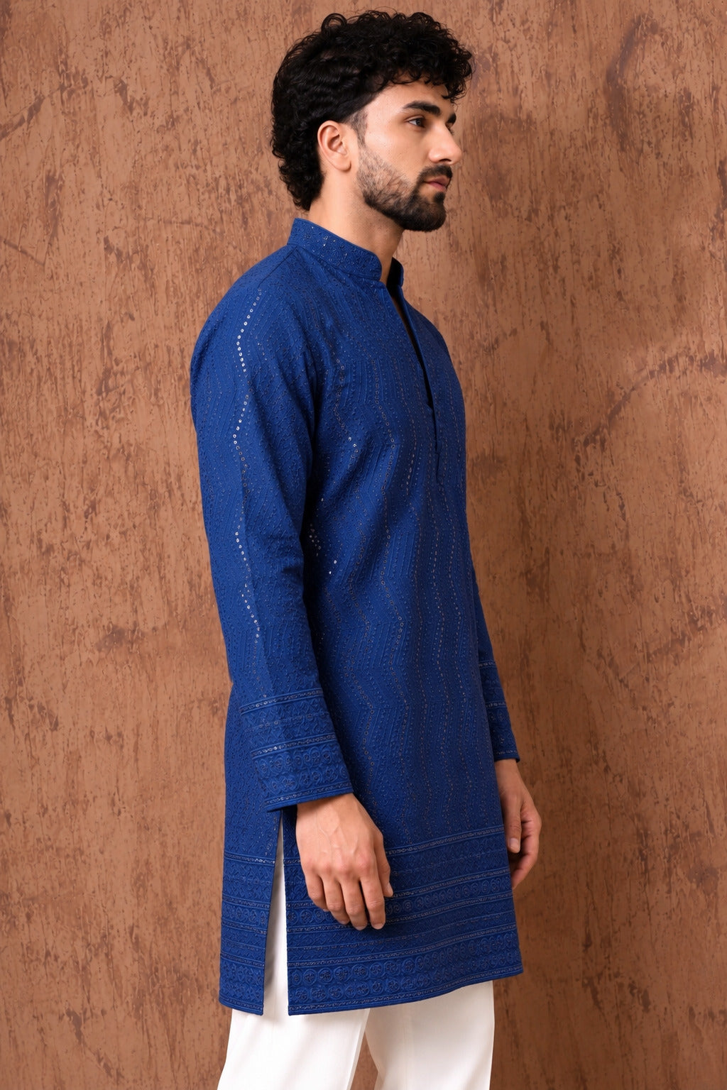 Royal Heritage Embroidered Navy Blue Short Kurta